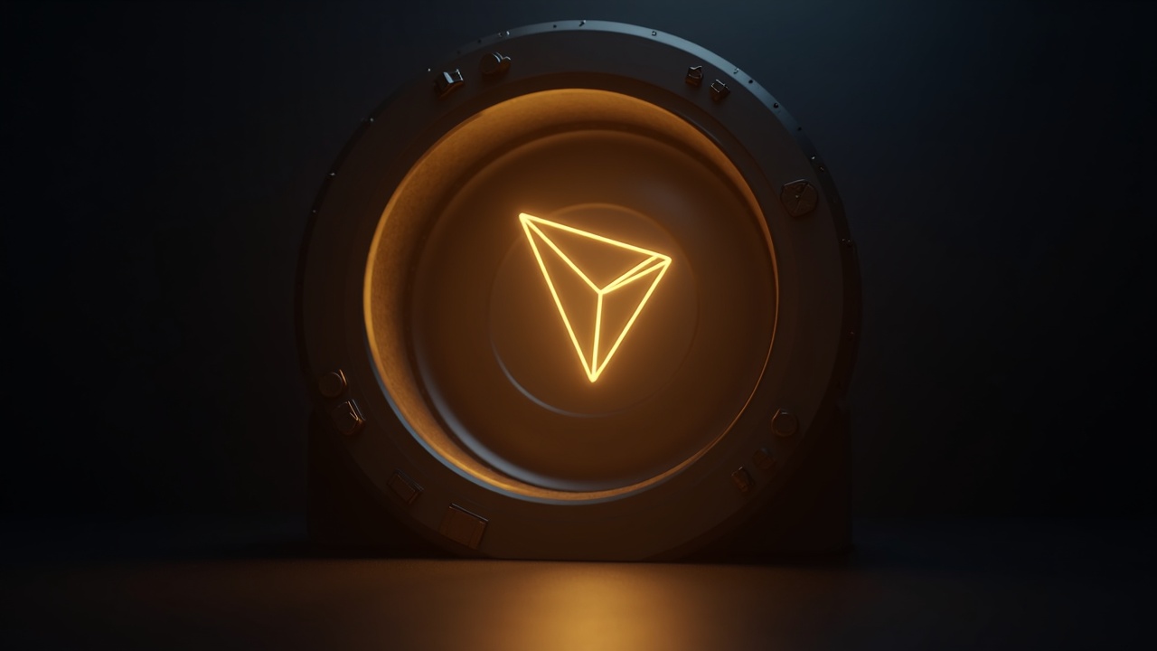Photorealistic TRX and JST tokens entering a glowing treasury vault, illustrating Tron buyback program.
