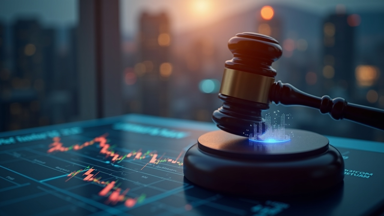 Gavel over a glowing digital ledger with a crypto exchange icon, Seoul skyline in soft focus.