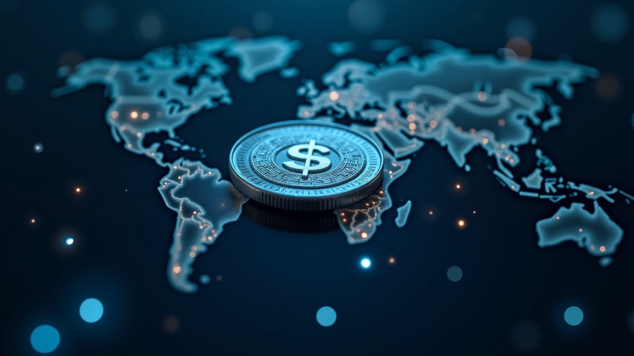 Photorealistic close-up of a digital ledger over a world map with a frozen USDH token and a regulatory scale.