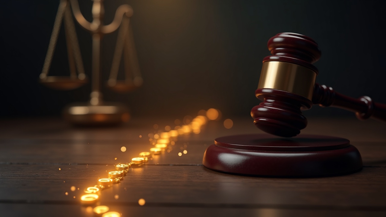 Photorealistic newsroom header: glowing USDT on an on-chain trail toward a courtroom gavel.