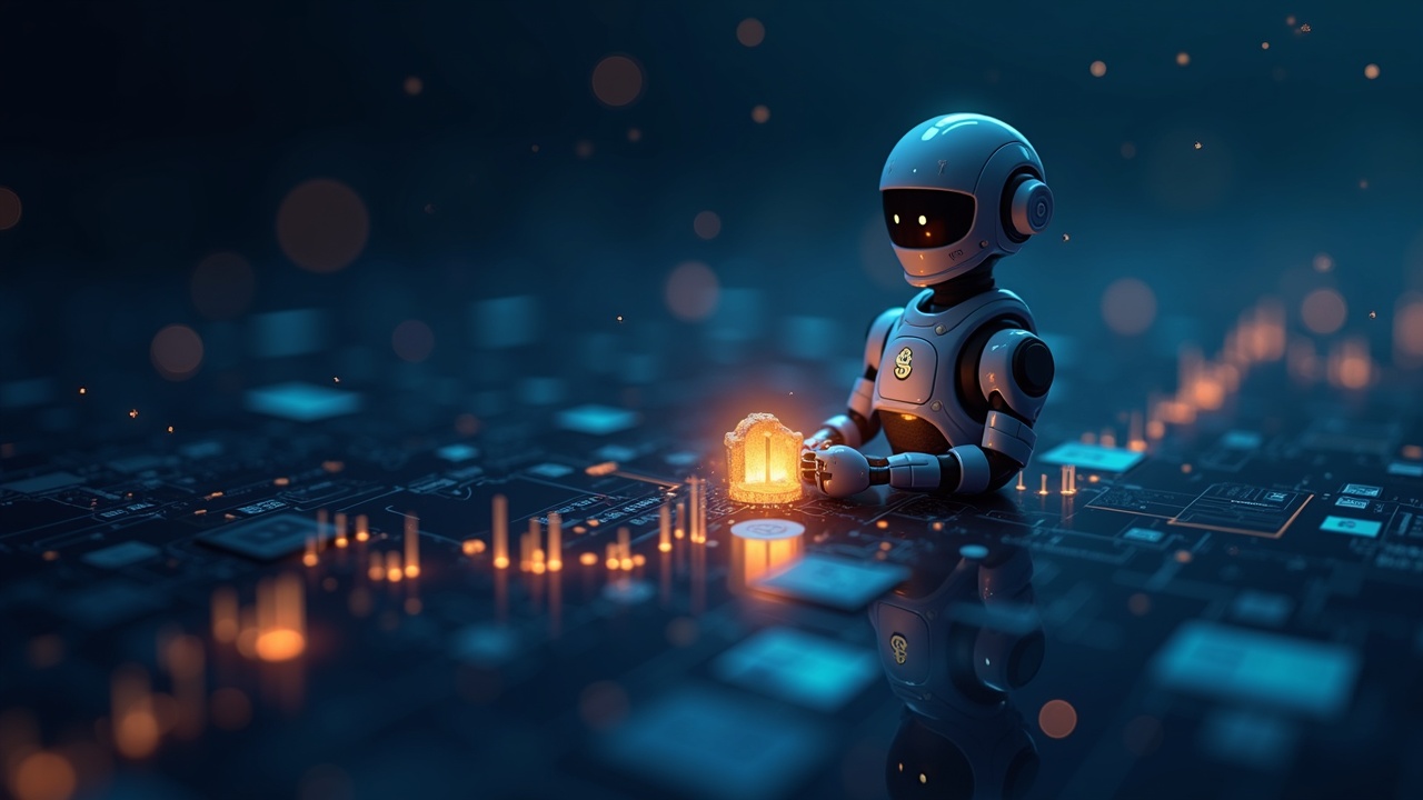 Autonomous agent avatar performing an on-chain micro-payment with USDC on a glowing blockchain ledger, fintech newsroom style.