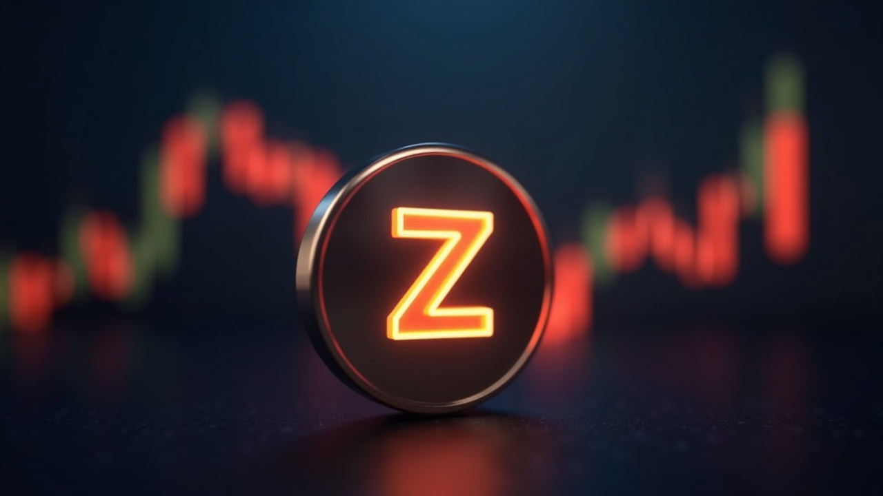 Photorealistic close-up of a glowing Zcash logo with a rising price chart in the background, suggesting a $420 breakout.