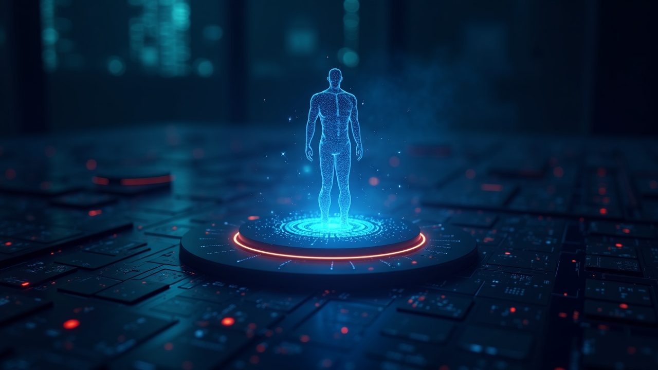 Photorealistic Aptos-style server hub with neon AI hologram, on-chain code streams, and encrypted mempool glow.
