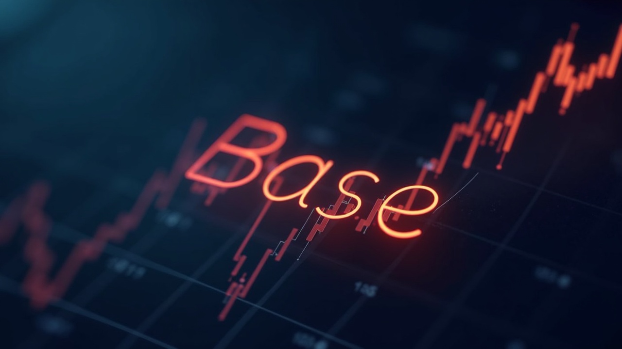 Photorealistic close-up of a glowing Base logo on a trading desk with a rising volume line indicating Base's 24h DEX lead.