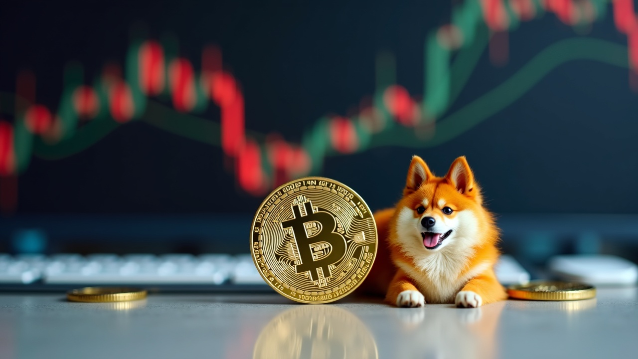 Close-up of Bitcoin and Dogecoin on a desk with a rising stock chart, signaling crypto-into-equities rotation.