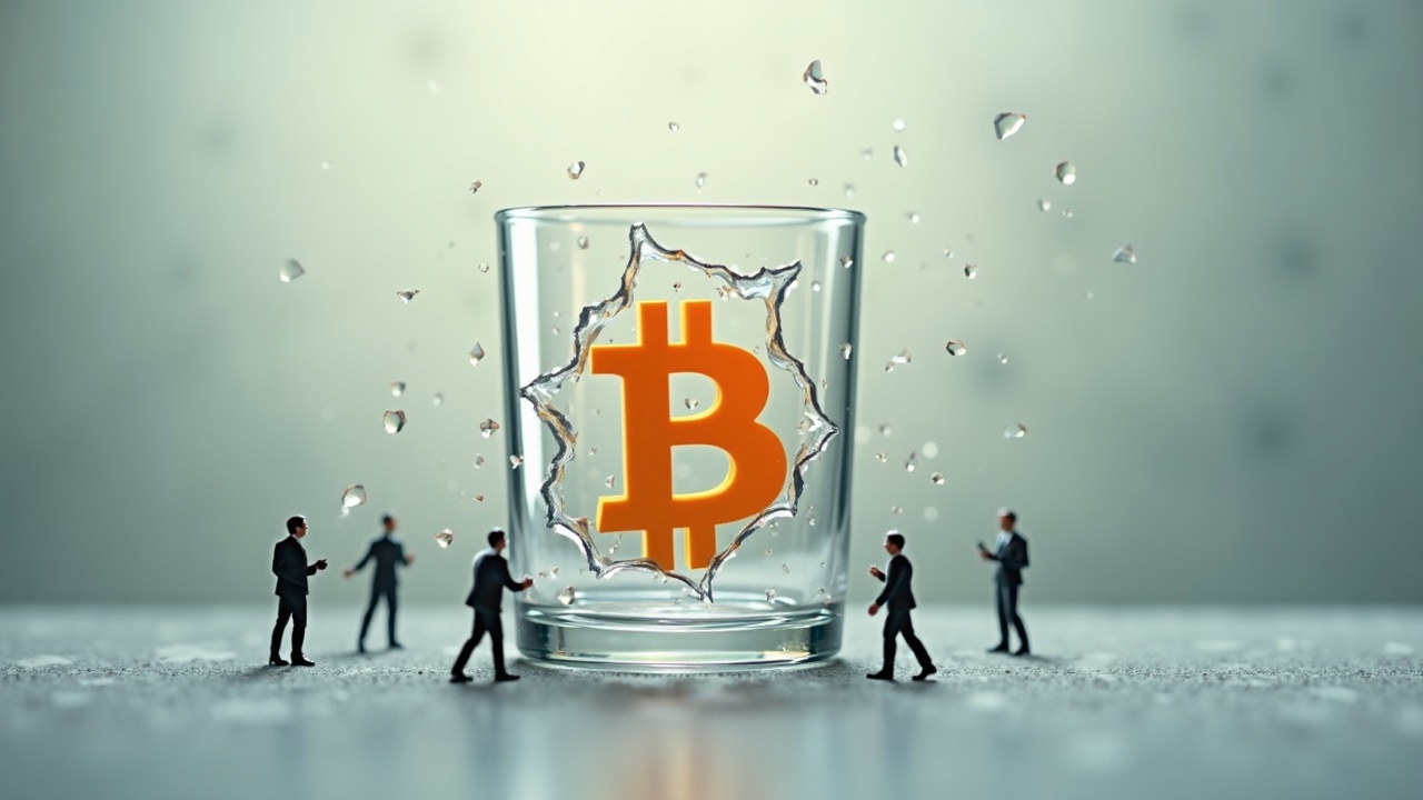 Editorial shot of a Bitcoin glyph breaking a glass ETF barrier, with a muted background and hints of institutional figures.