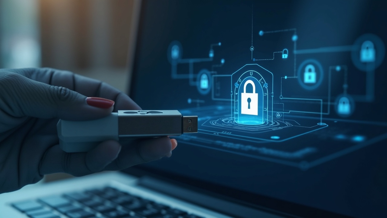 Photorealistic laptop with USB drive, encryption warning, holographic private keys highlighting endpoint risk.