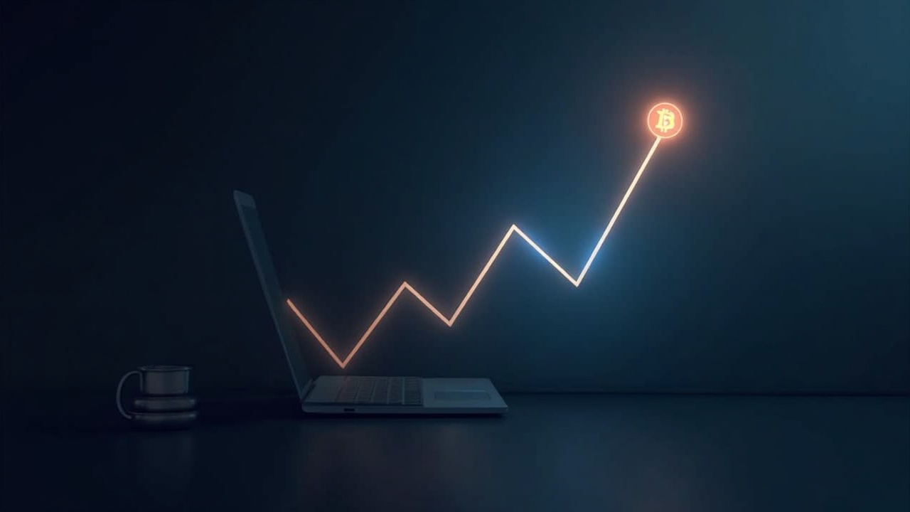 Photorealistic header of a minimalist office with a rising chart, Block logo and Bitcoin symbol, subtle glow.
