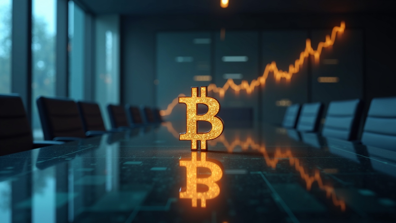 Photorealistic boardroom with a glowing Bitcoin logo on a glass table and rising charts signaling treasury buildup.