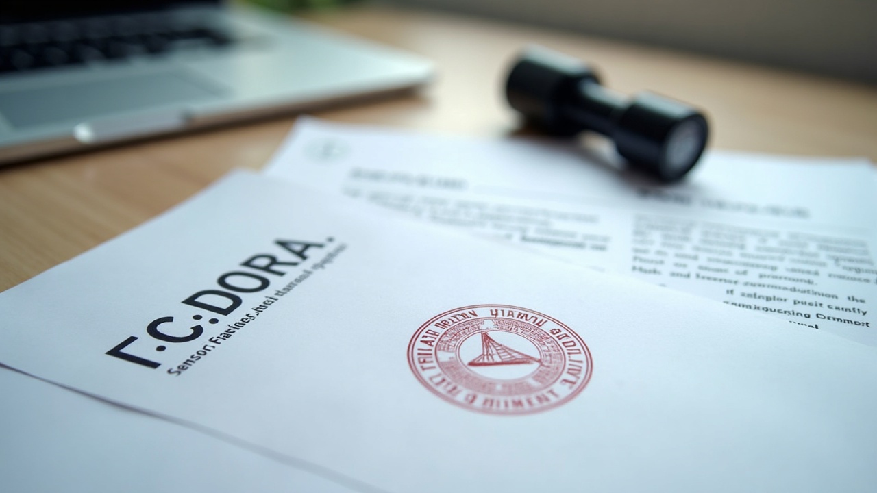 Photorealistic close-up of a Cardano ledger, with a Programme Closed stamp and governance documents.