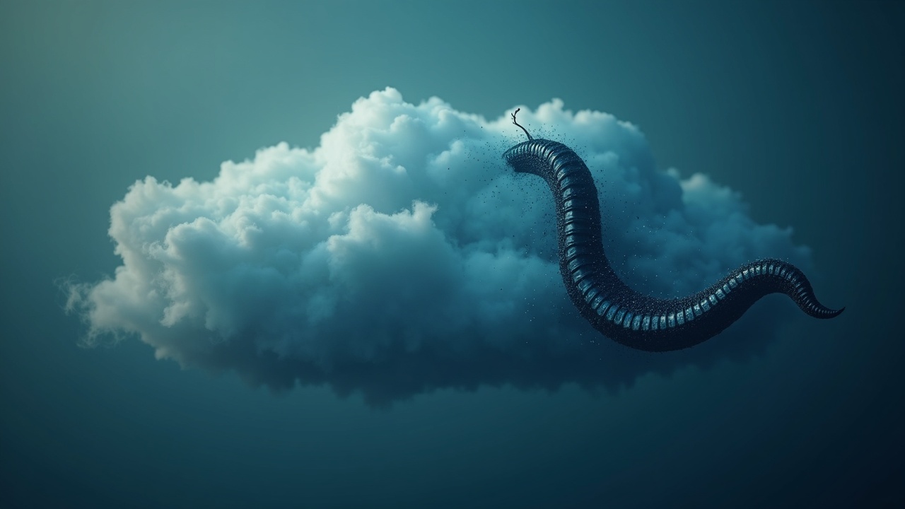 Photorealistic cloud with a worm silhouette spilling code into npm and PyPI packages, highlighting supply-chain risk.