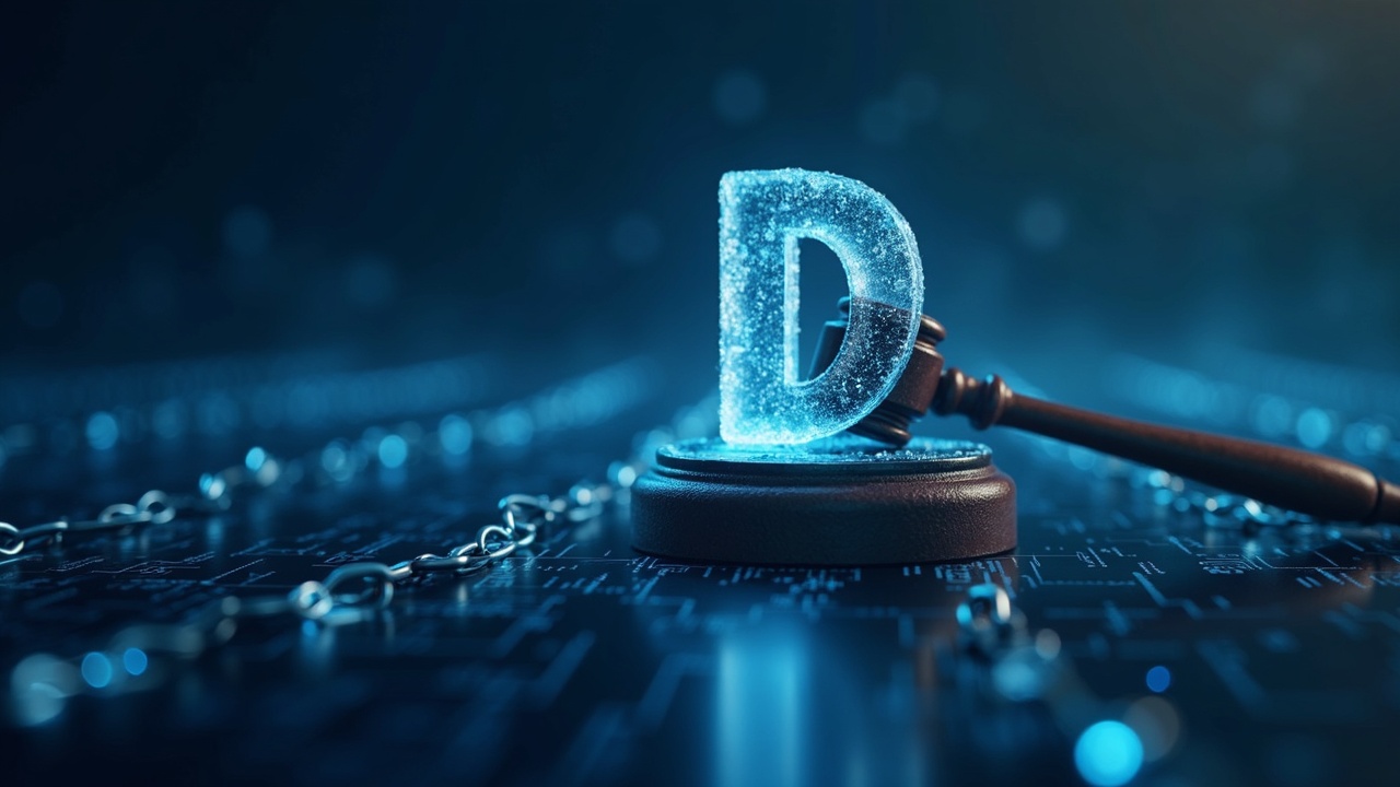 Header with Coinbase logo, frozen DAI, a gavel, and blockchain chains illustrating custody vs on-chain traceability.