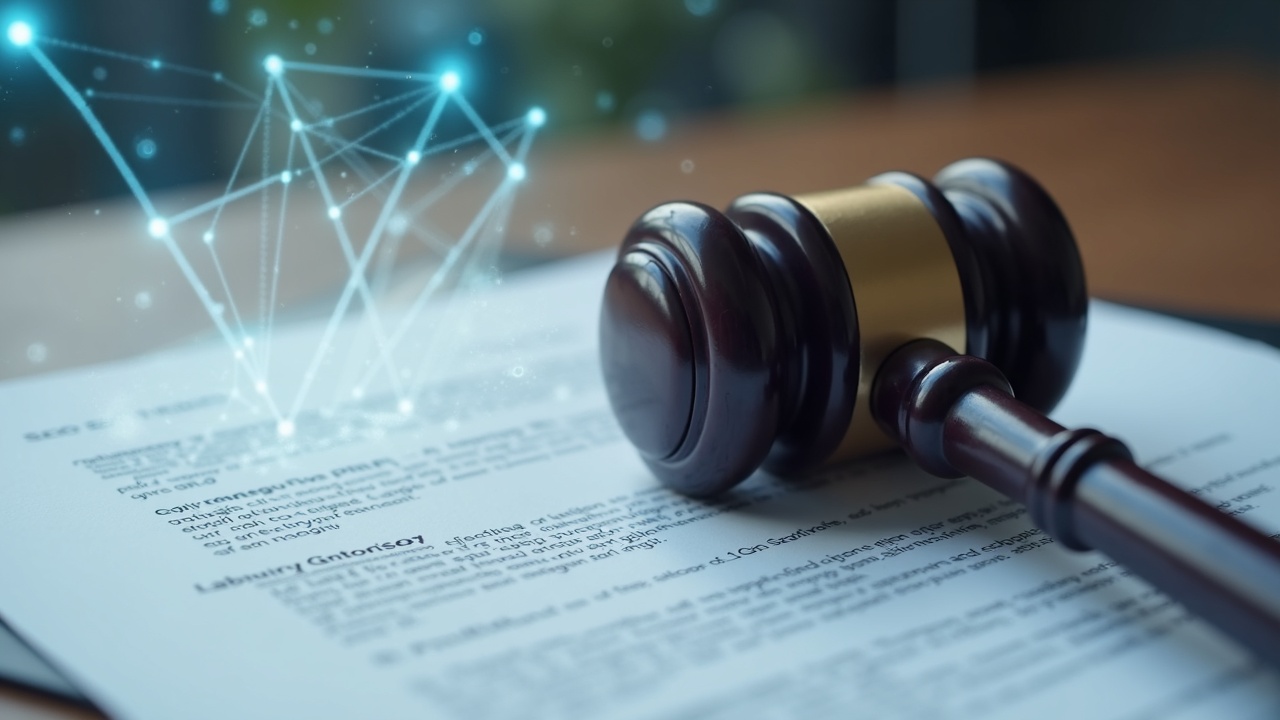 Photorealistic close-up of a gavel on a legal document with a subtle blockchain overlay signaling crypto regulation clarity.