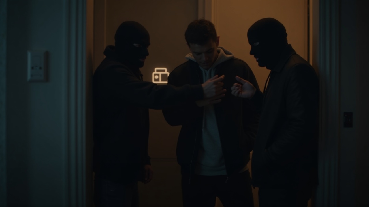 Photorealistic home-invasion scene with masked assailants coercing a victim to reveal seed phrase; glowing wallet icon.