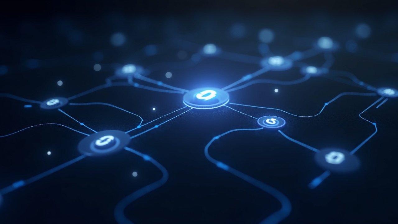 Photorealistic depiction of tokenized collateral moving across interconnected blockchains with Chainlink logos, real-time settlement.