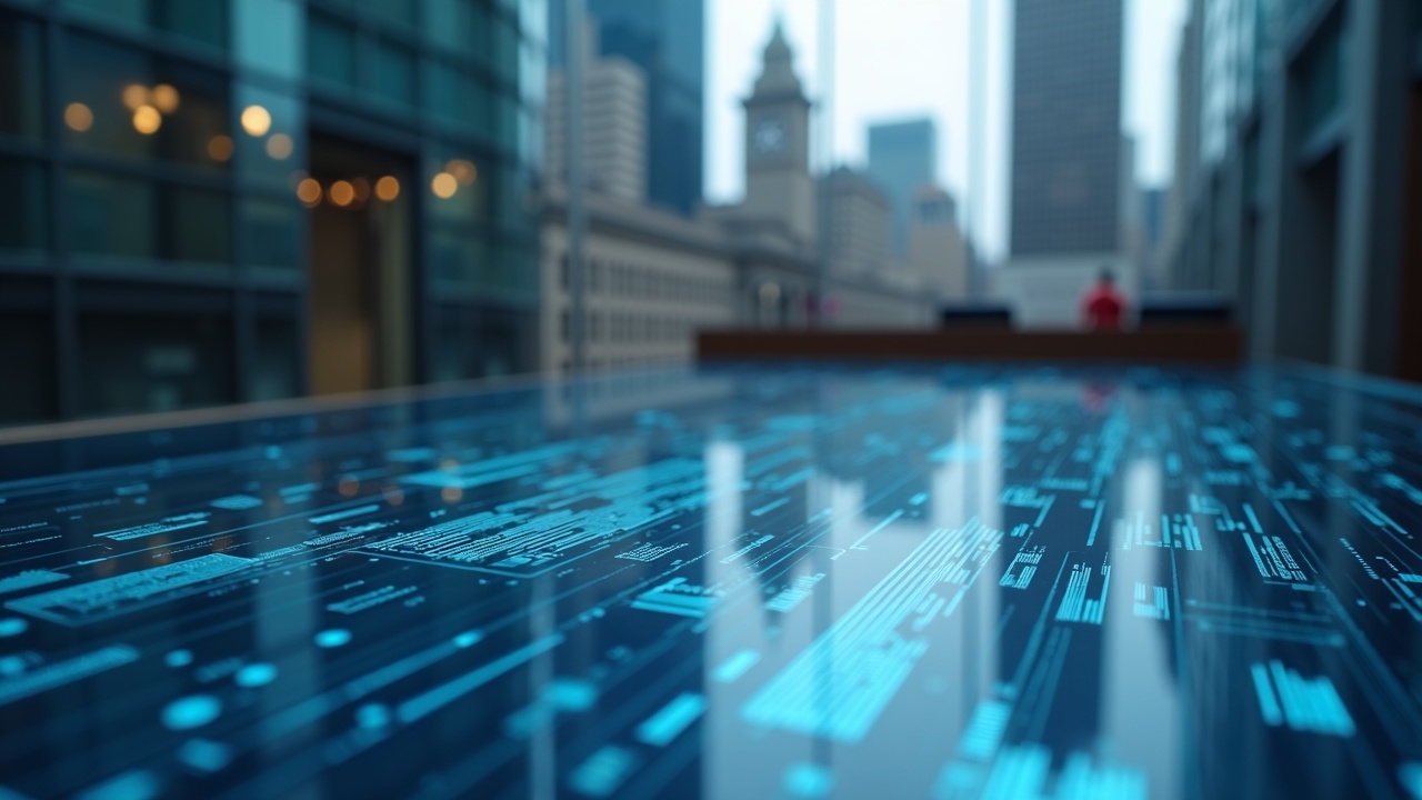 Close-up of a digital ledger on a glass desk with a blurred Wall Street skyline, depicting tokenized securities.