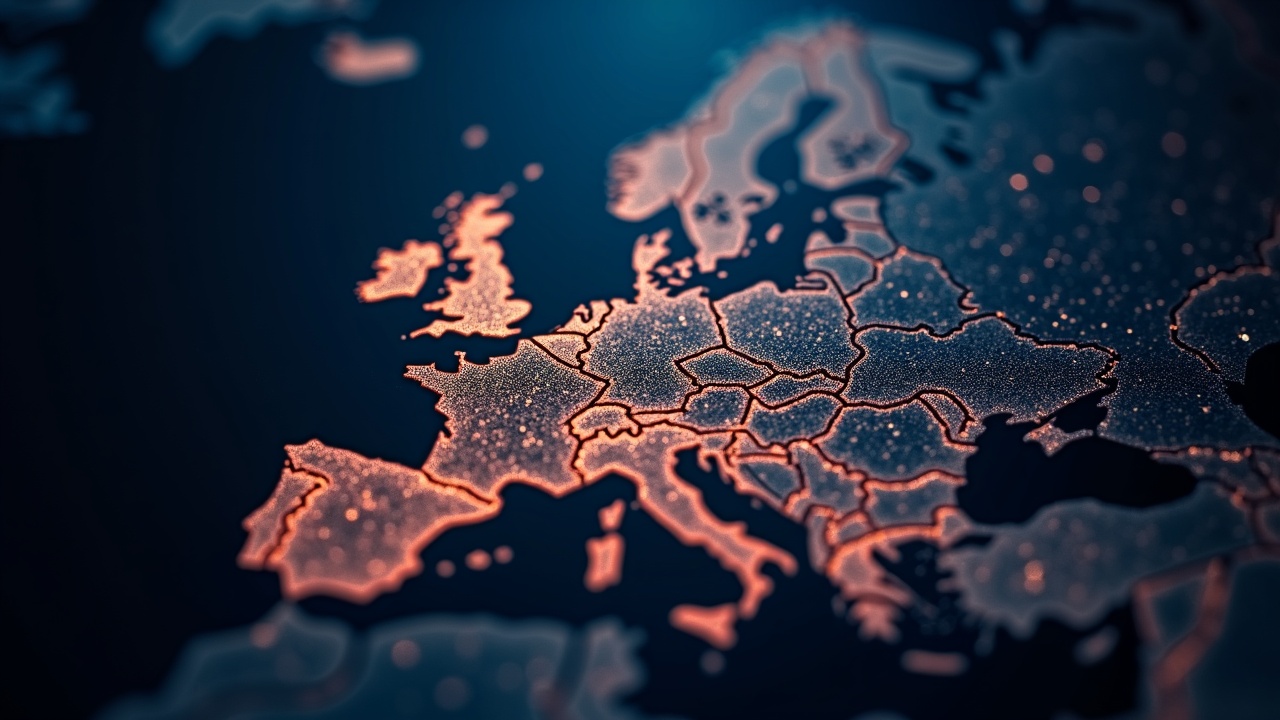 Photoreal EU map blending into a glowing blockchain network, signaling regulatory clarity, innovation and decentralization.