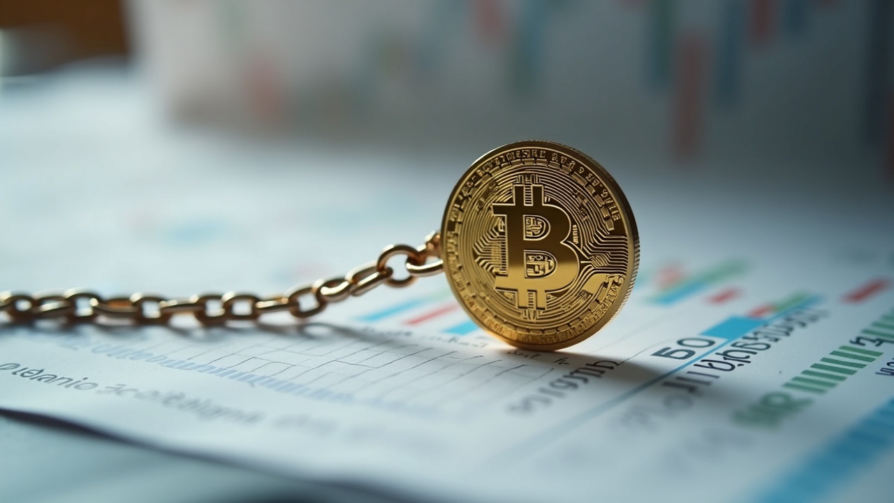Close-up of a Bitcoin coin chained to a secured loan document with blurred finance charts signaling collateral risk.