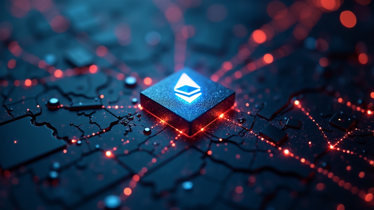 Close-up of a glowing blockchain map with interconnected nodes, illustrating BALs for parallel execution in Glamsterdam.