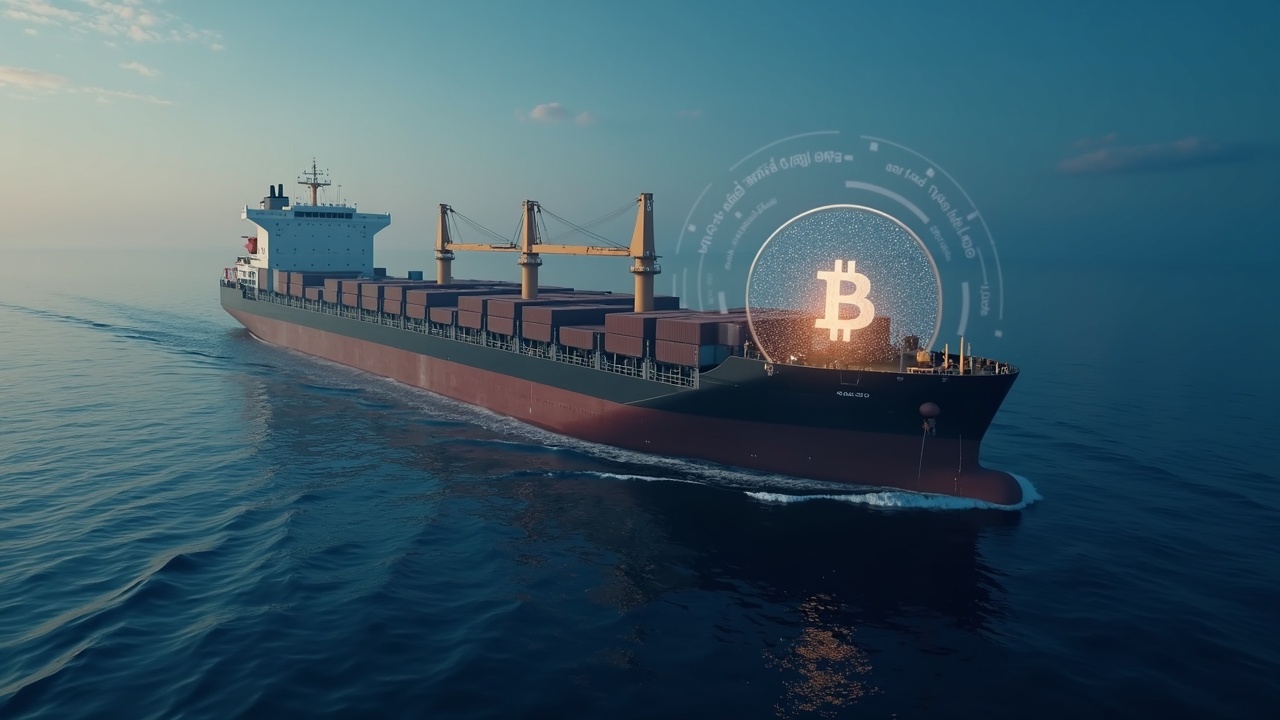 Cargo ship crossing the Strait of Hormuz with a translucent blockchain ledger and Bitcoin symbol.