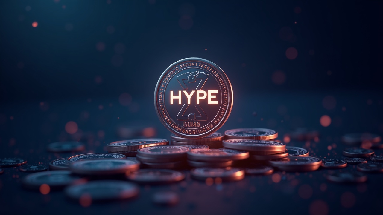 Photorealistic image of a rising HYPE token powered by an on-chain buyback engine, funds fueling market demand.