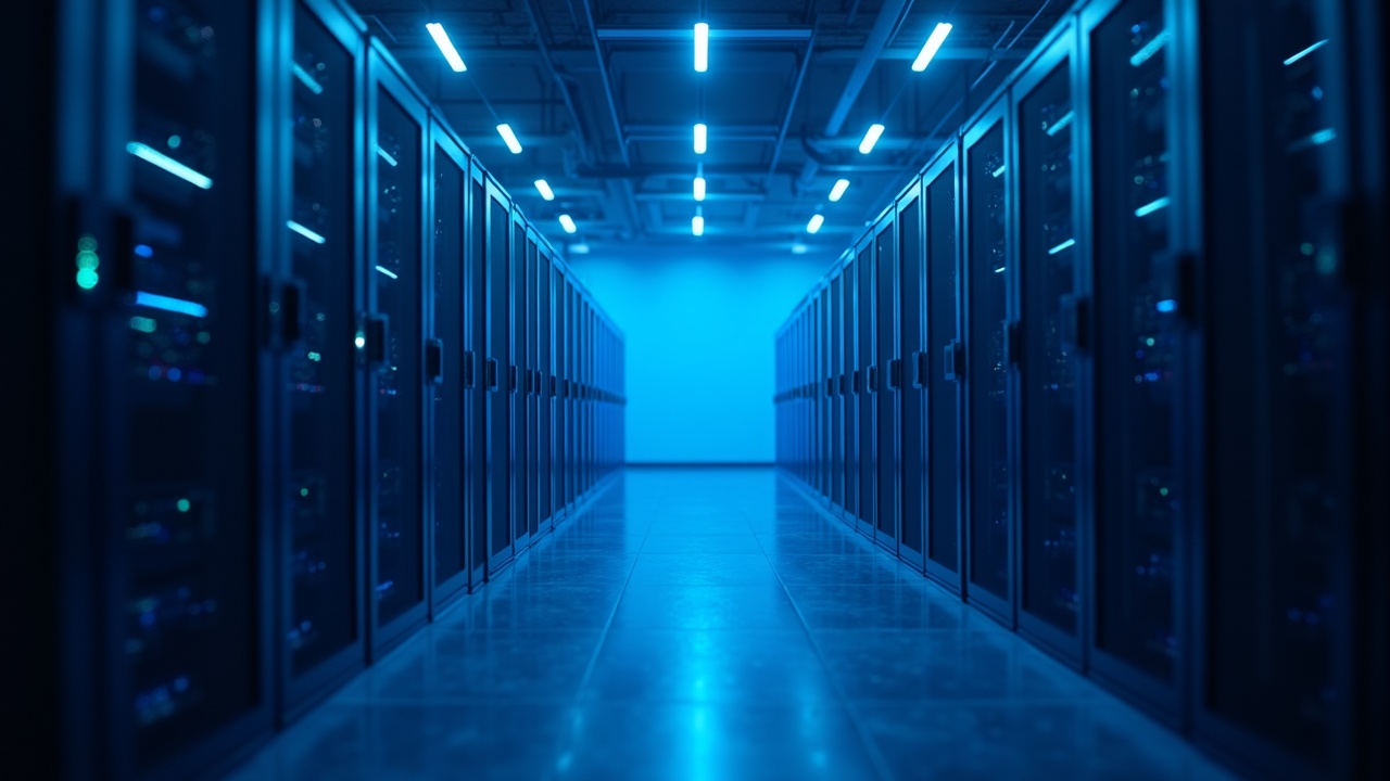 Photorealistic data center morphing bitcoin mining rigs into AI HPC servers under cool blue lighting.