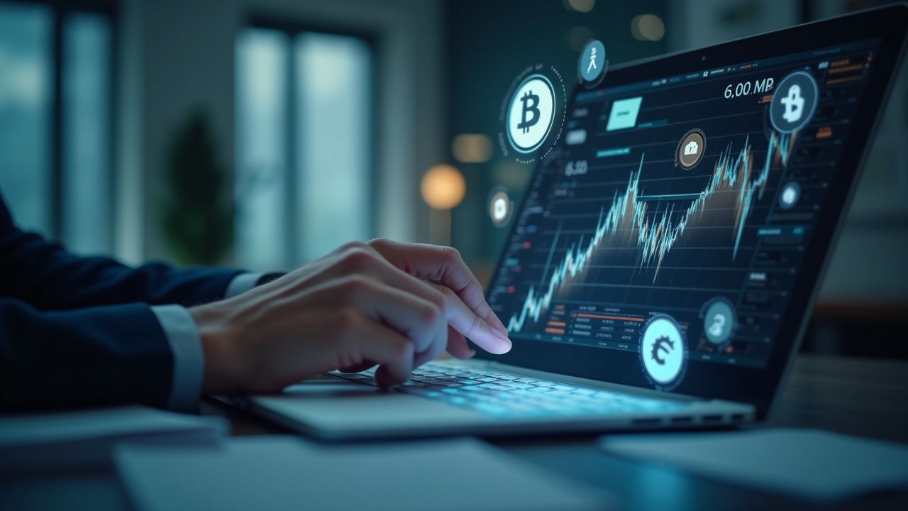 Institutional trader in a modern office as crypto and fiat icons flow into a custody ledger, instant collateralization.