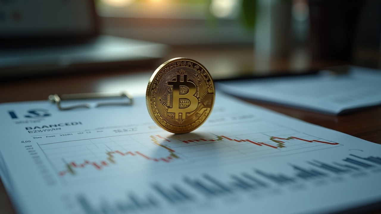 Photorealistic desk scene showing a Bitcoin symbol atop a digital balance sheet with a falling price chart