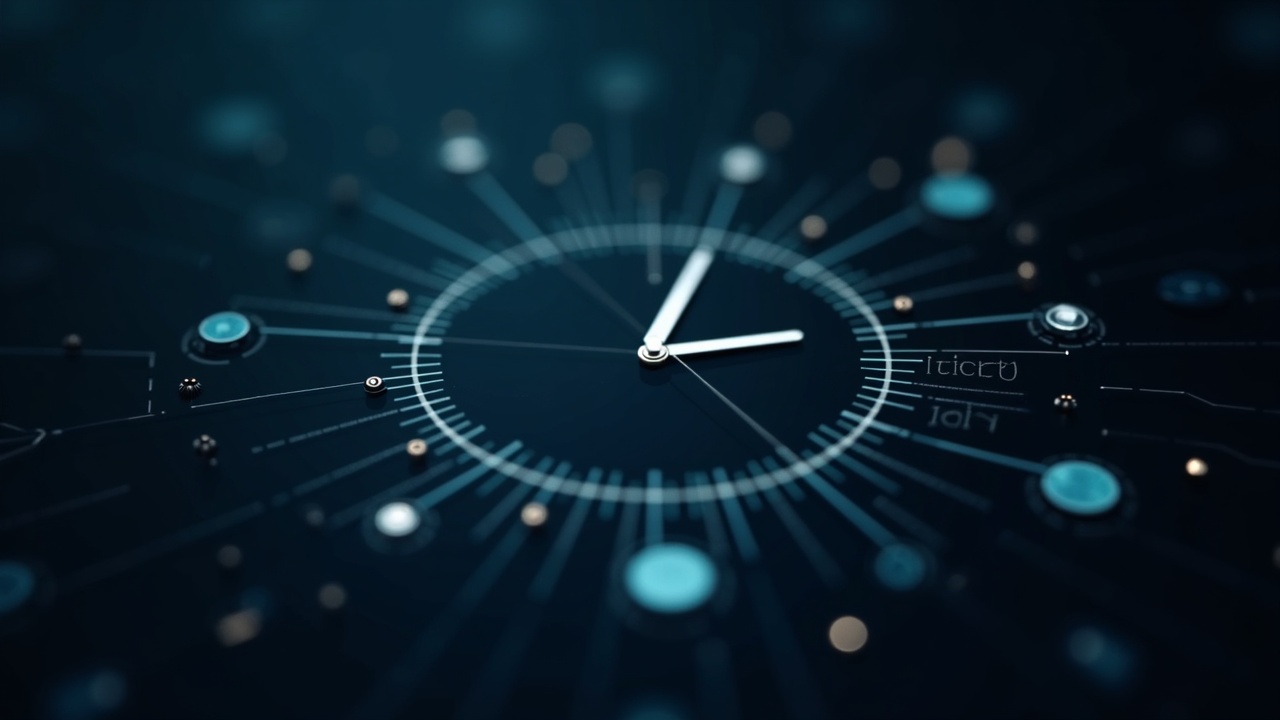 Photorealistic close-up of a digital settlement grid with a clock and token icons, signaling near-24/7 readiness.