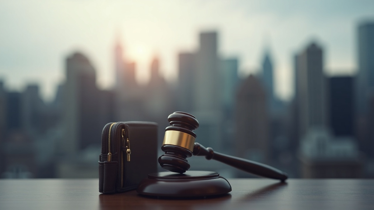 Photoreal close-up of a gavel beside a crypto wallet, with a blurred New York City skyline.