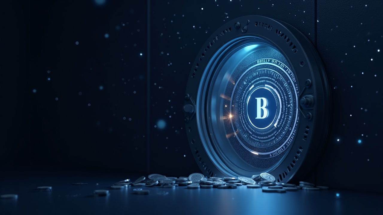 Photorealistic vault door morphing into a glowing blockchain ledger with BENJI tokens and on-chain collateral.