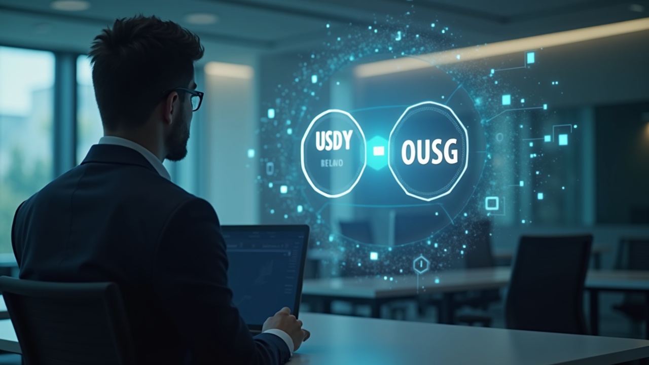 Photorealistic crypto executive in a modern office with holographic USDY and OUSG display signaling transition.