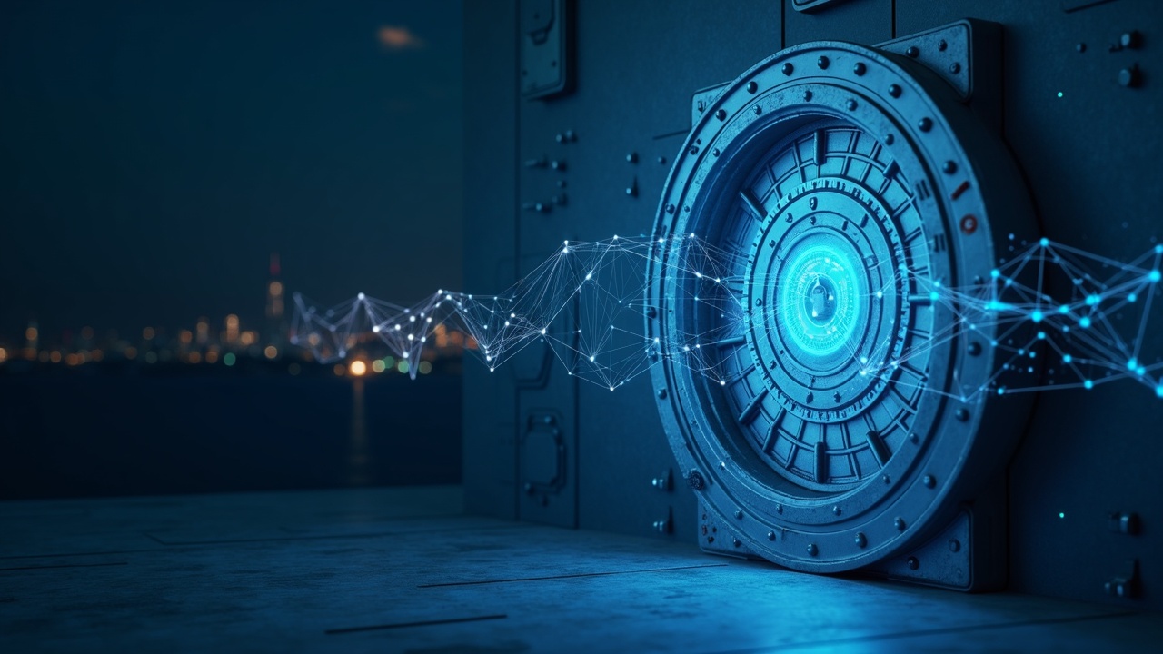 Photorealistic header: secure onchain vault door, faint blockchain overlay, Bermuda skyline, subtle BMA stamp.