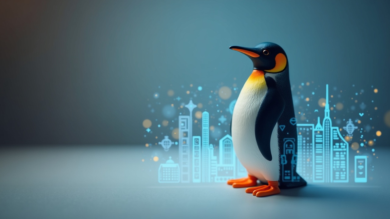 Pudgy Penguin in a softly lit studio with a holographic city and QR code, bridging toys to Pudgy World on Layer 2.