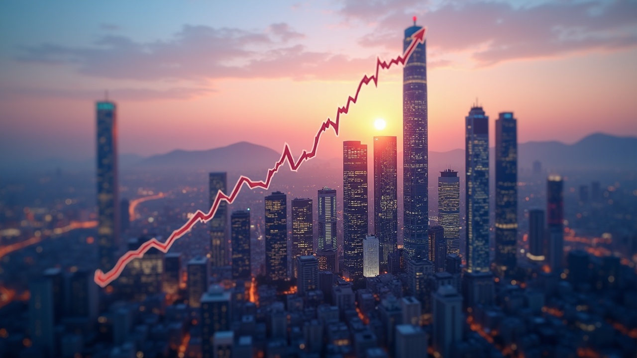Photorealistic Seoul skyline at dusk with a crypto token dissolving into a rising stock index bar chart.