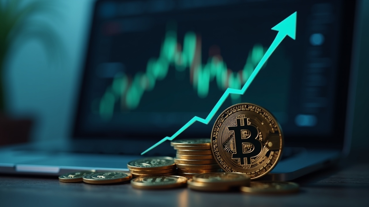 Photorealistic close-up of STRC ticker ascending over a Bitcoin vault with a soft newsroom backdrop.