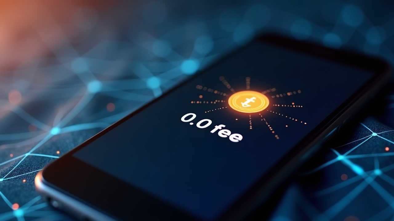 Photorealistic close-up of a smartphone showing a zero-fee stablecoin transfer on Sui mainnet, with a 0.00 fee badge.