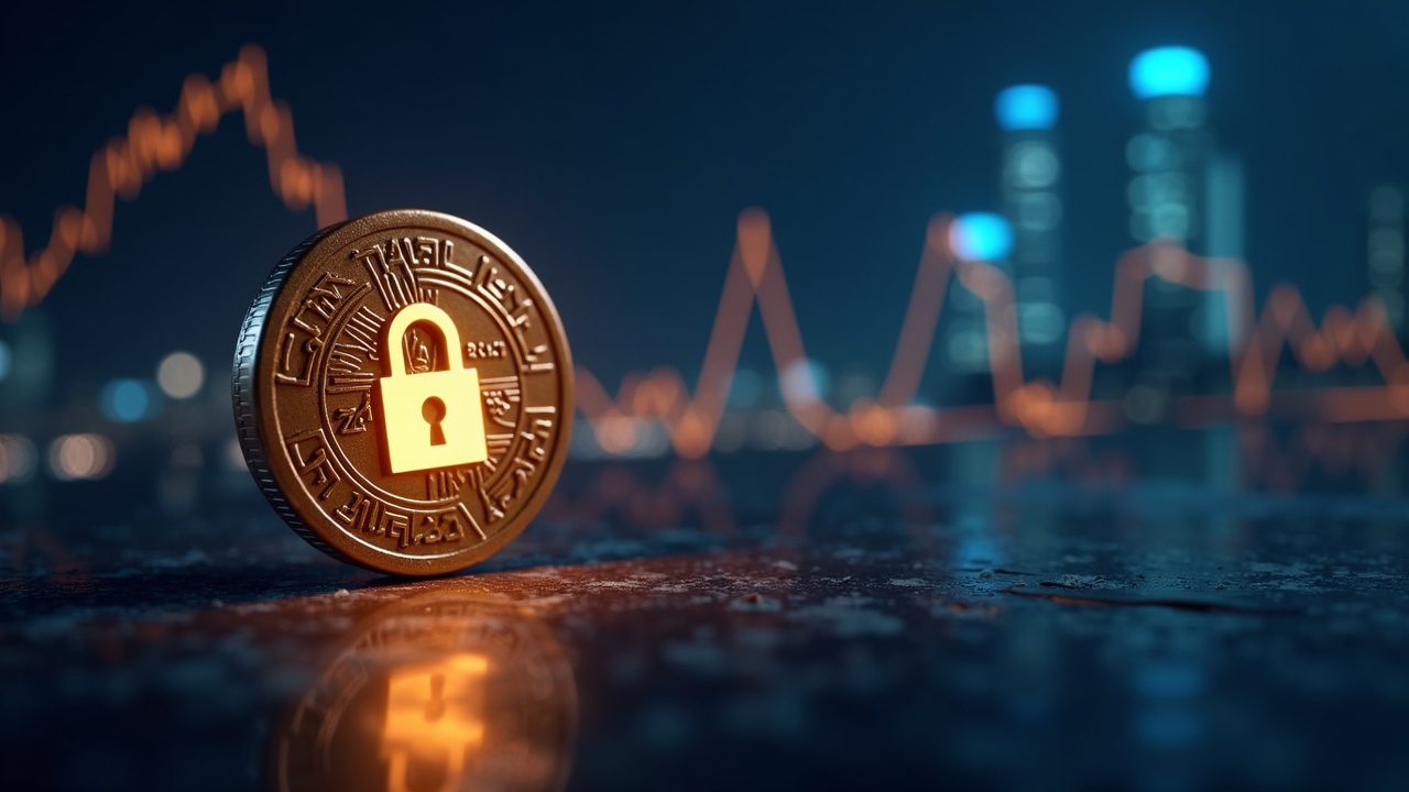Photorealistic SUI token with a lock-stake icon, blurred Nasdaq skyline, and a liquidity spike and pullback chart.