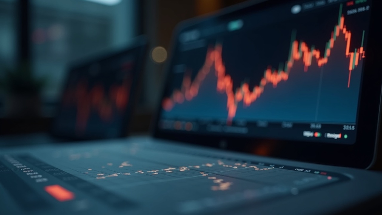 Photorealistic trading desk with depth-of-market chart and EWMA glow over a TradFi futures order book in newsroom lighting.