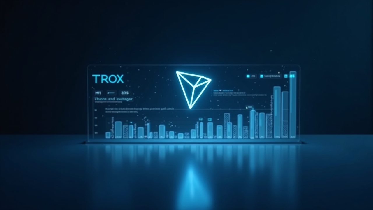 Sleek corporate desk with a holographic TRX balance chart, Tron logo, and a glowing live treasury ledger.