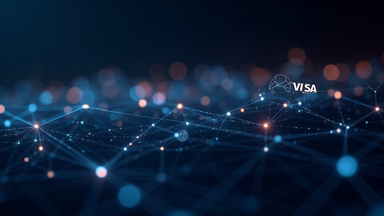 Photorealistic header showing Visa and Polygon logos linked by glowing lines across a multi-chain network, 24/7 on-chain settlement.