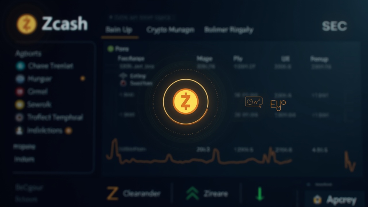 Photorealistic header: secure crypto treasury dashboard with Zcash logo, subtle SEC badge, and blockchain glow.