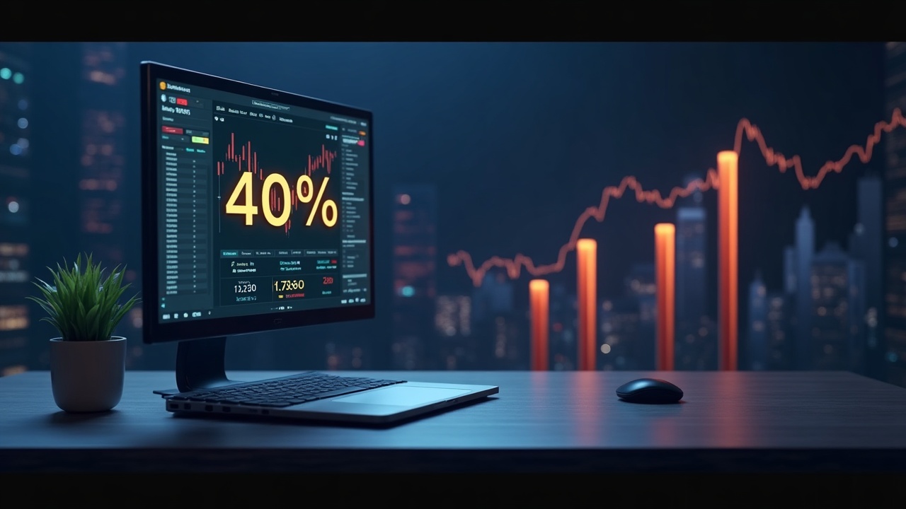 Futuristic newsroom header featuring a trading desk, Ethereum glow, Binance branding, and a 40% share bar chart.
