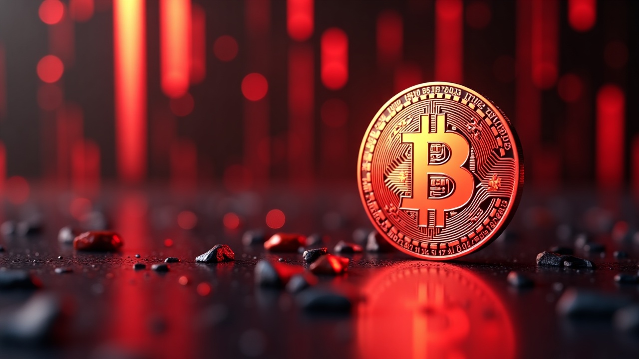 Photorealistic Bitcoin logo fading into red cascading liquidation numbers beneath soft newsroom lighting.