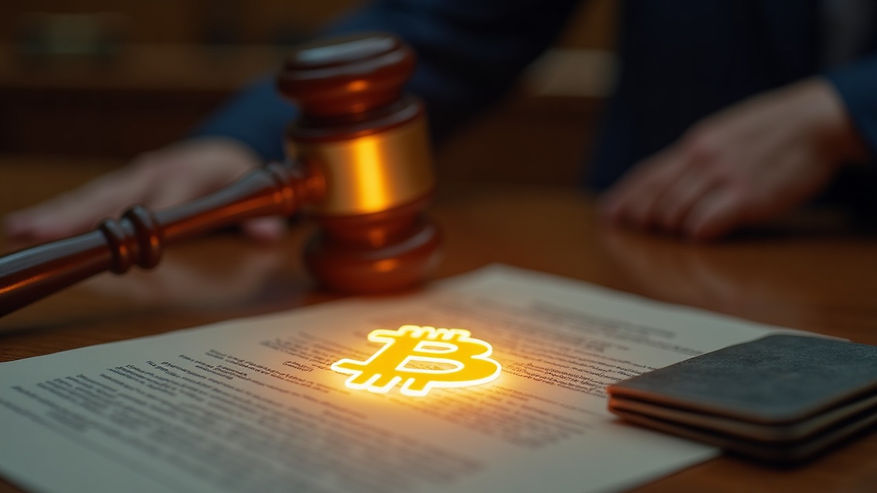 Courtroom scene with a glowing Bitcoin symbol on legal documents and a gavel beside wallet imagery.