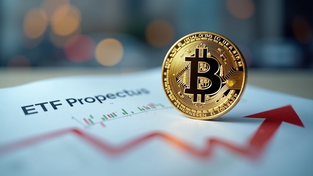 Close-up of a Bitcoin logo on an ETF prospectus with a red outflow arrow and a blurred financial district backdrop.