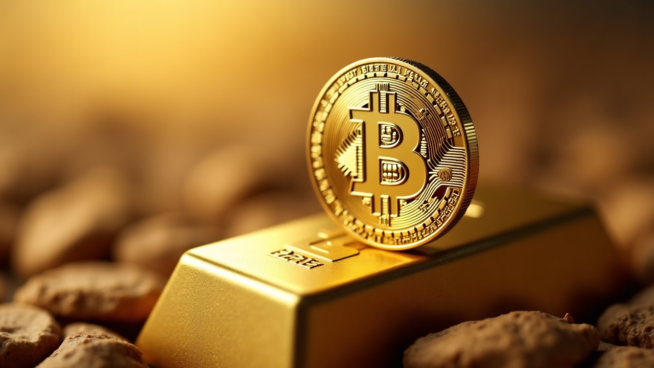 Bitcoin symbol over blurred gold bars with a downward chart line crossing the 200-day moving average.