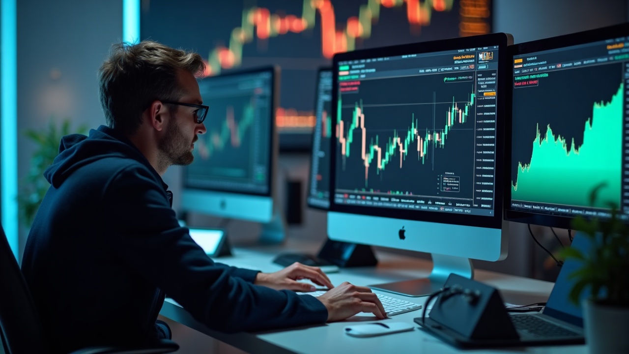 Close-up of a crypto trader at a desk with BVX volatility index screens, illustrating regulated bitcoin volatility futures.