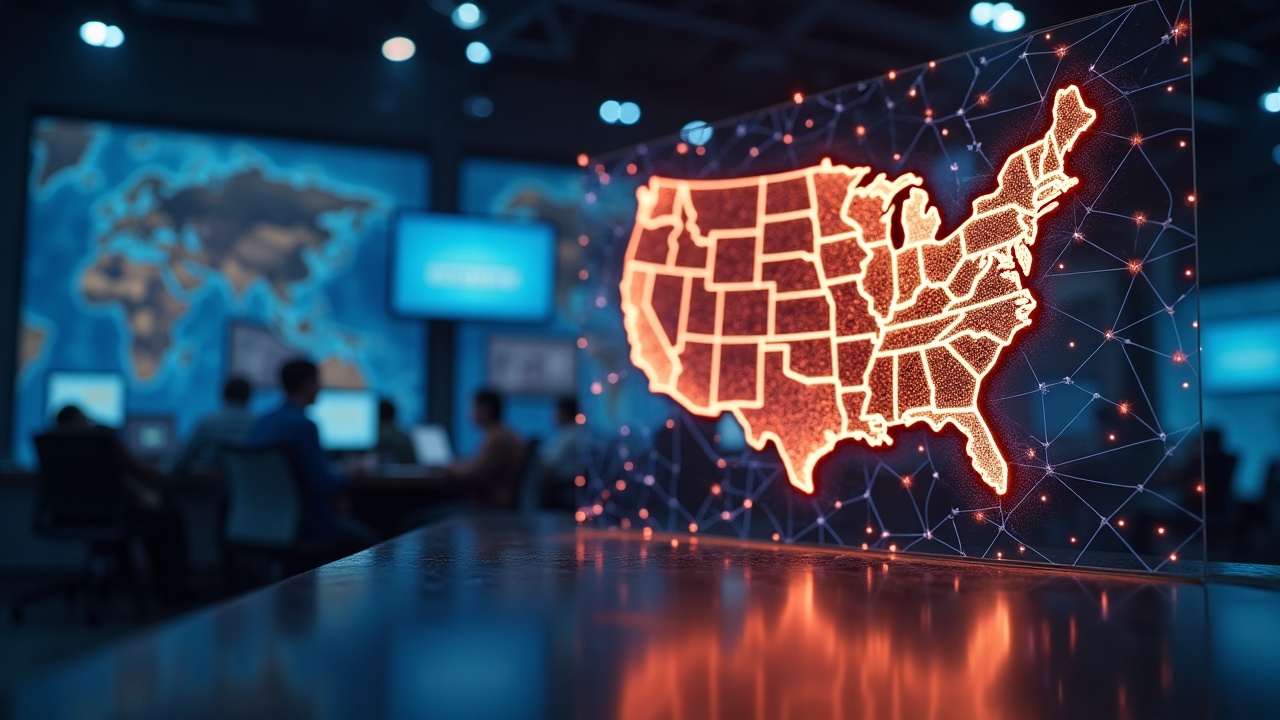 Photoreal newsroom scene: glowing US map linked to a global crypto network, signaling regulated access to perpetual futures.