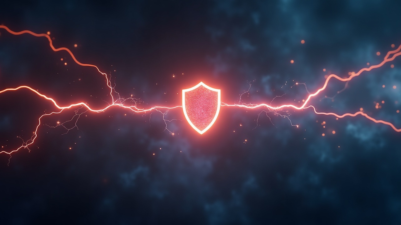 Glowing lightning bolt crosses a quantum shield, illustrating hybrid key exchange and privacy in Core Lightning 26.06.